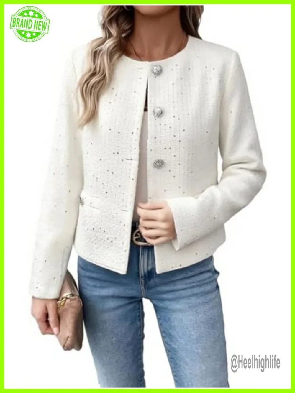 Short Tweed Sequin Blazer Casual Sparkly Jacket Round Neck